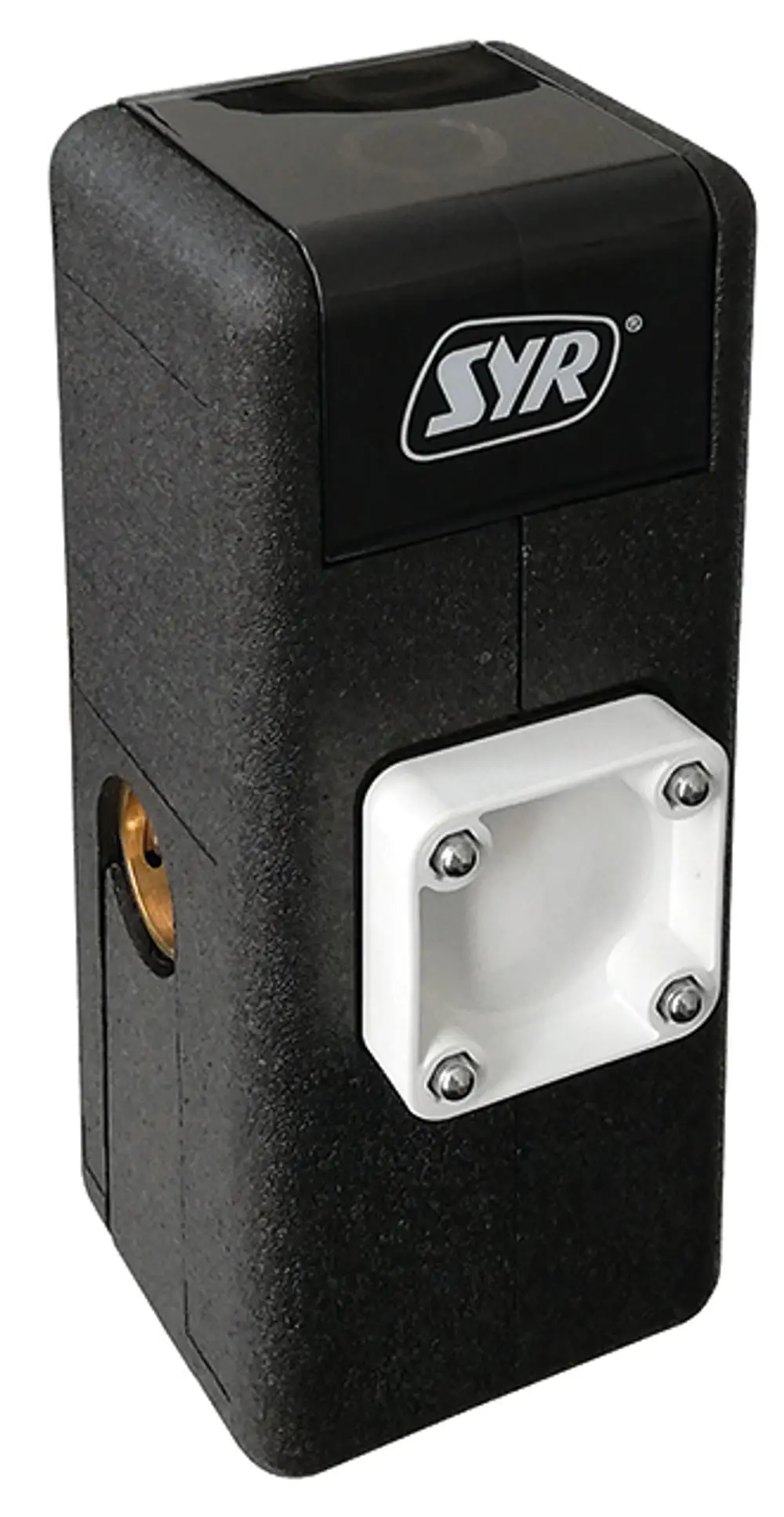 SYR Anschlussarmatur in kompaktem Design mit einer weißen Frontblende und einem Anschluss für ein Leckschutzsystem, geeignet für die Installation in Schlauchsystemen.